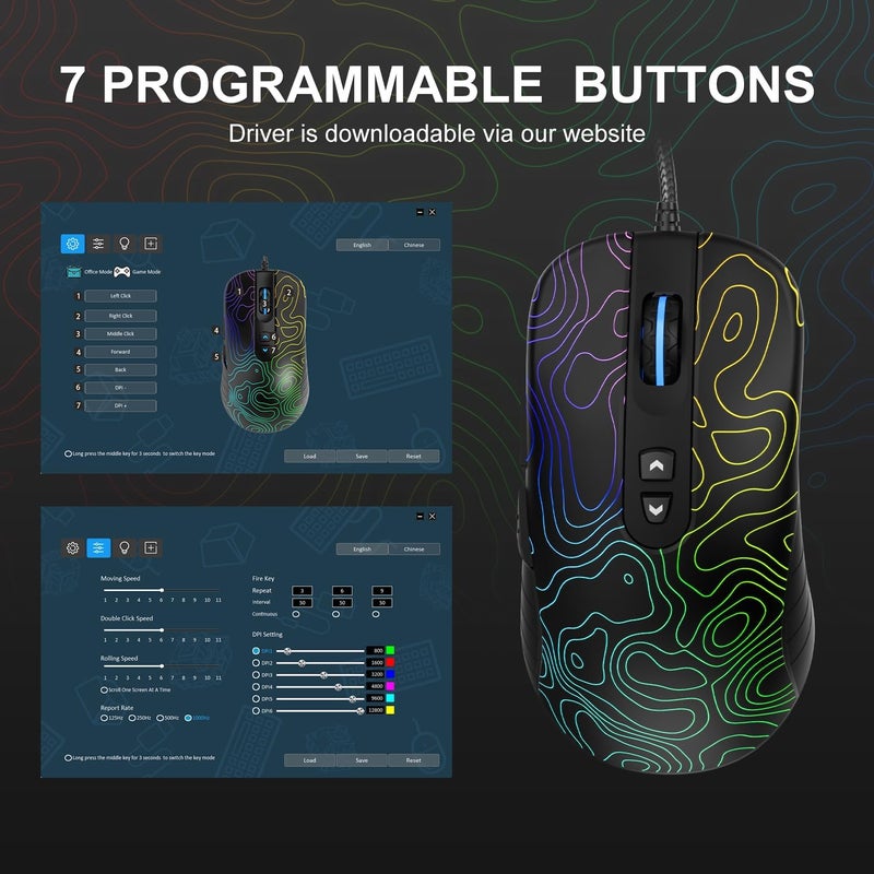 COSTOM Womier G706 USB Wired Gaming Mouse for PC Computer Windows Mac Laptop, Lightweight Silent RGB Backlit Mouse with Adjustable 12000DPI/7 Programmable Side Buttons,Kanagawa Theme (Black Topographic) - Image 4